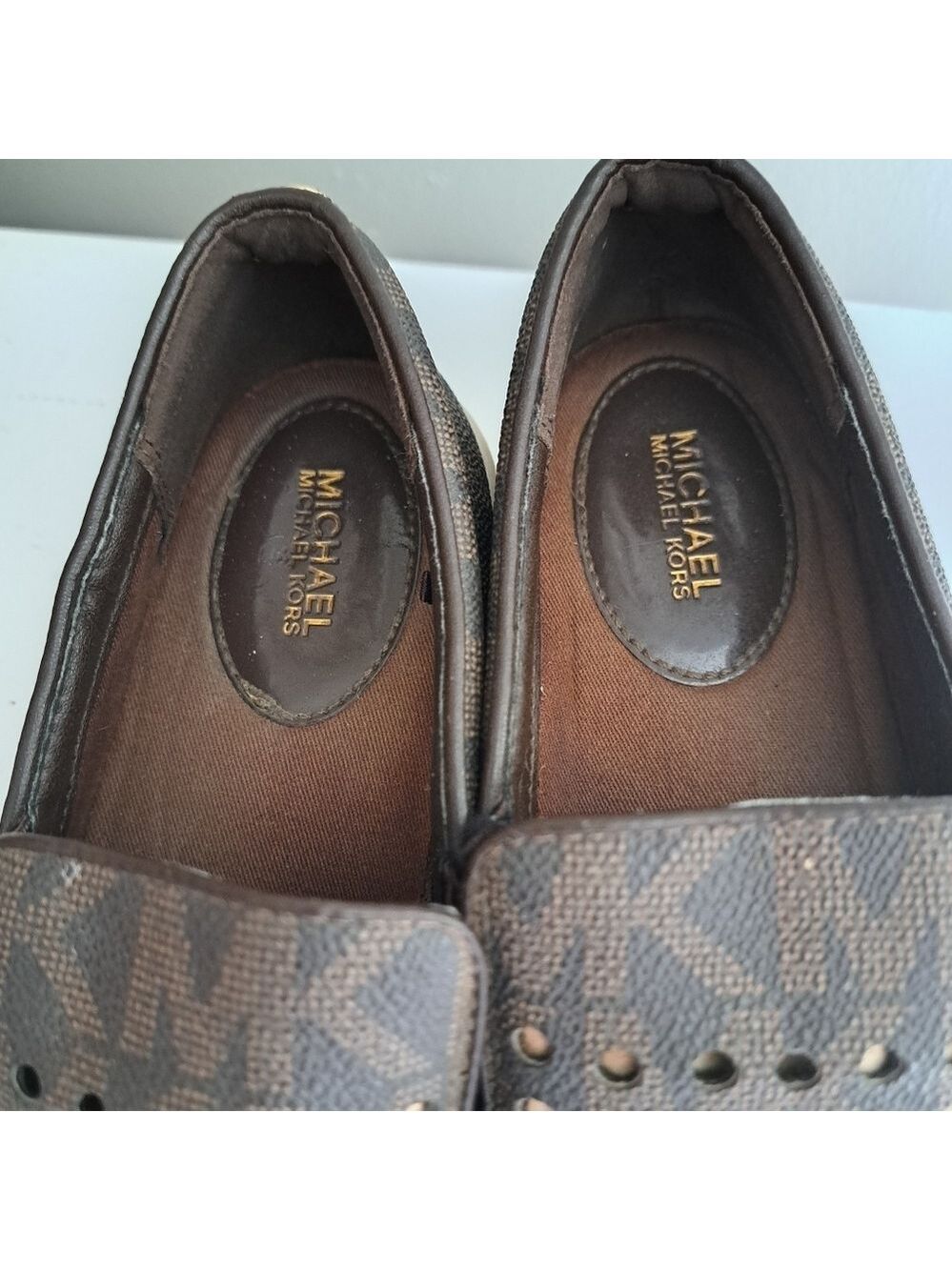 MK Michael KORS Keaton loafer shoes flats slip on laser cut out brown gold 6.5 - Picture 9 of 10